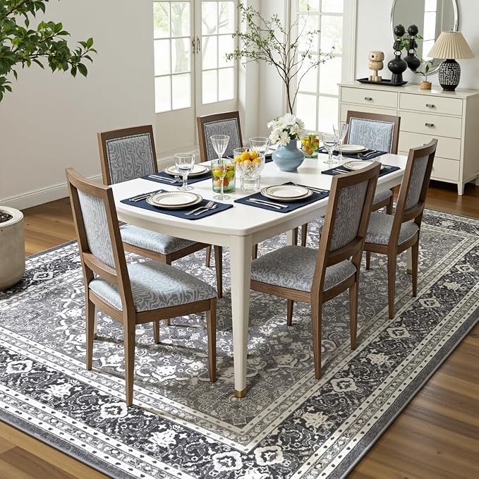 5x7 Area Rugs for Living Room, Washable Non-Slip Rug, Oriental Light Grey | Area Rugs for Bedroom, Low Pile Area Rug for Kitchen, Dining Room, Home Office, Vintage Oriental Print Rug