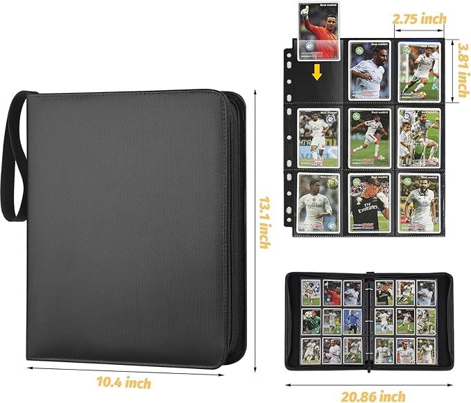 GERMUN Fireproof 9 Pocket Card Binder, Premium Zip Trading Card Binder, 720 Double Sided Pocket PU Collection Binder, Collector Album, Card Folder for MTG, TCG, Sports Cards (Black)