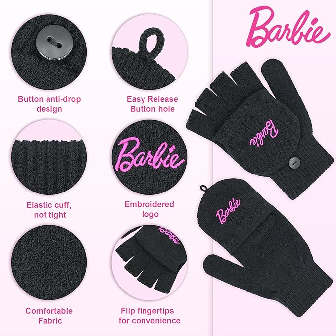Barbie Winter Hat for Women – Winter Beanie Hats for Women with Gloves, Warm Beanie Hats, Pink Knitted Beanie