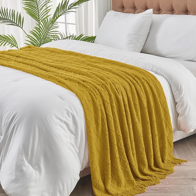 inhand Golden Palm Knitted Throw Blanket for Couch and Bed, 50"x60" | Soft Living Room Home Decor Knitted Blanket, Tassel, Outdoor Lightweight Breathable , Farmhouse Warm Woven Decorative