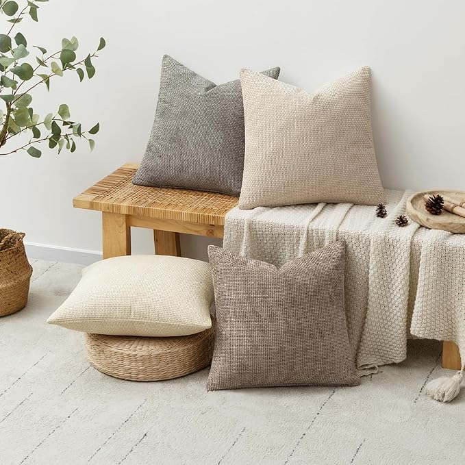 MIULEE Decorative Chenille Pillow Covers Neutral Beige 18x18 Pack of 4 | Modern Home Decor, Cozy Cream Collection, Couch Throw Pillows, Farmhouse Boho Cushion Covers for Sofa Bed Living Room