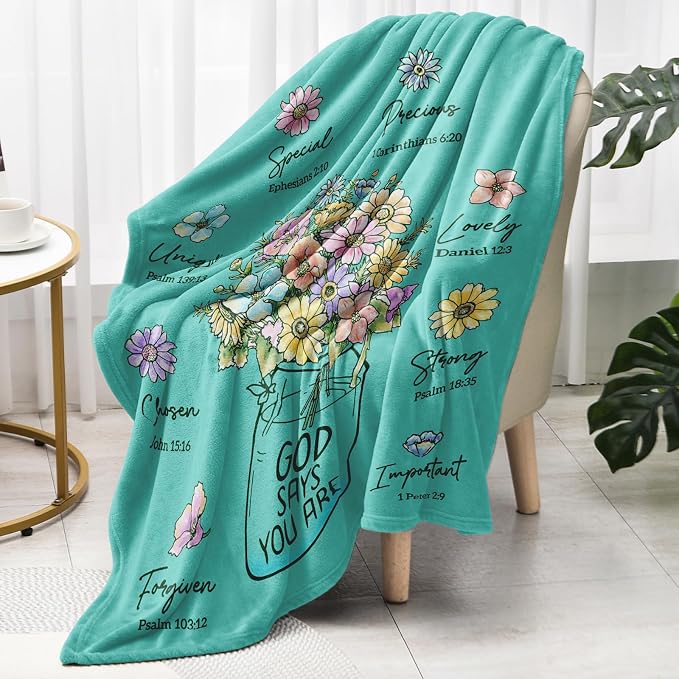 Christian Gifts for Women, Aqua Christian Blanket with Flowers 80''x 60'' | Birthday Gifts for Women, Spiritual Baptism Religious Gifts for Sister Mom Daughter Girls Wife, Soft Throw Blankets