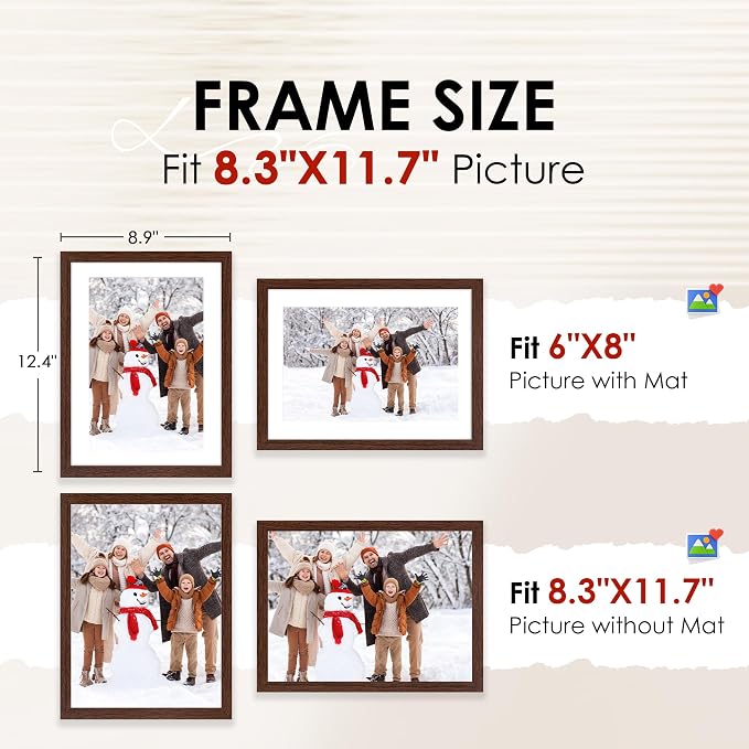 A4 Picture Frame Set of 2, Brown Photo Frame with HD Plexiglass, Display Pictures 6x8 with Mat or 8.3x11.7 Without Mat Multi Picture Frames Collage for Tabletop or Wall Display