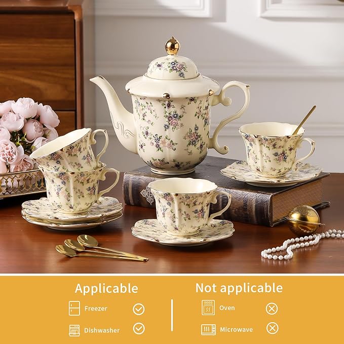 TATSUMI Country Roses Porcelain Tea Set, European Ceramic tea set for adults,Vintage Style, For Women and Tea Parties (Yellow, 13 Pieces Set)