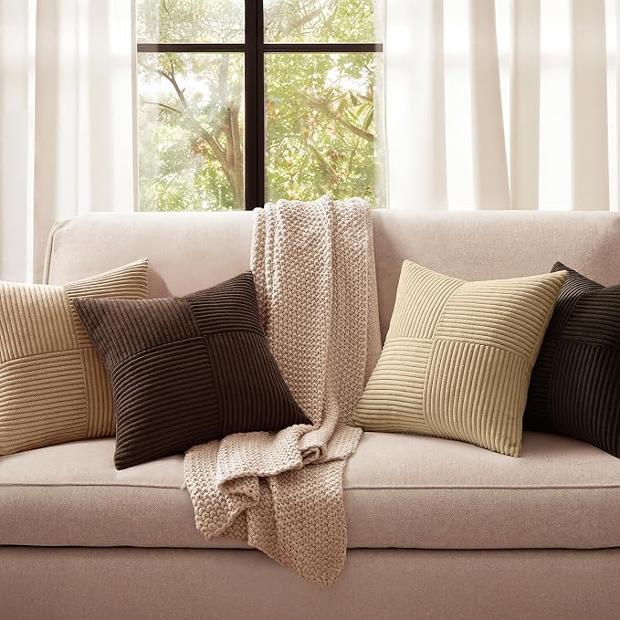 MIULEE Boho Decorative Throw Pillow Covers 18x18 Set of 4 Farmhouse Neutral Cushion Cases Gradient Corduroy Pillow Cases Modern Soft Corduroy Patchwork Home Decor for Couch Sofa Bedroom Dark Brown