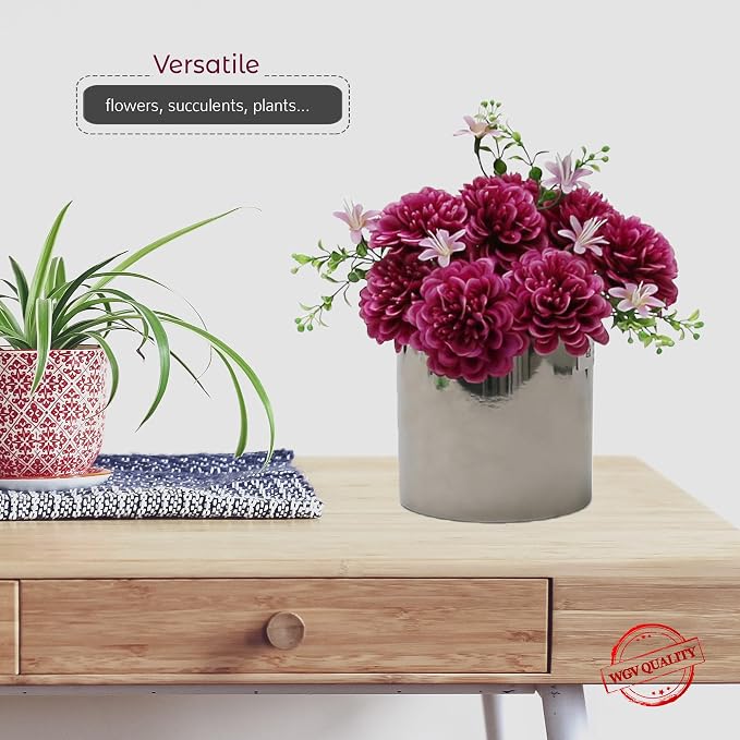 WGVI Silver Ceramic Cylinder Vase Width 5.5" Height 5", Flower Arrangements, Candle Holder, Terrarium Planter Pot, Storage Container Organizer, Pen Brush Holder, Smooth Silver Tabletop Decor, 6 Pc