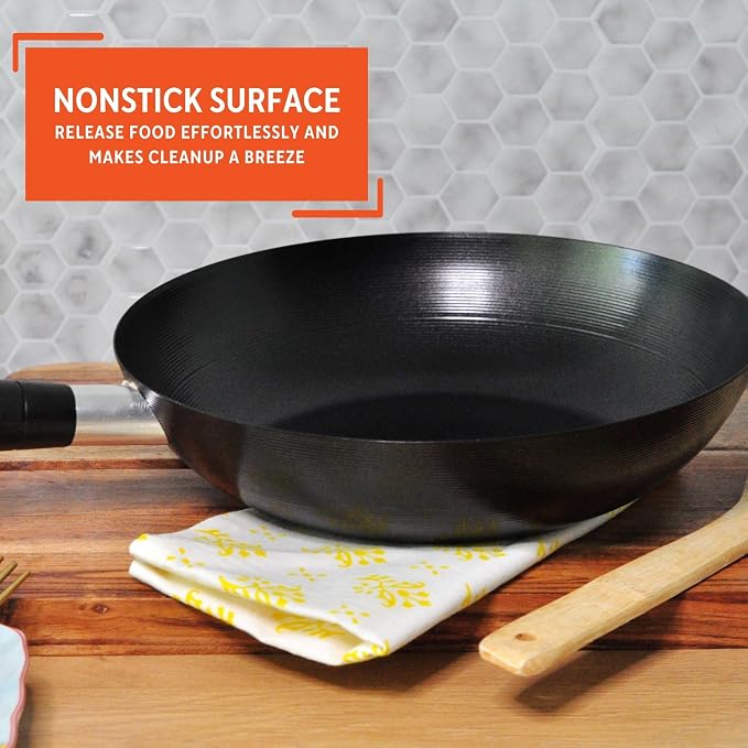 IMUSA 9.5 Inch Carbon Steel Nonstick Wok with Cool-touch Handle, Black | Cool-Touch Handle, Ideal for Stir Fry, Great for Everyday Meals
