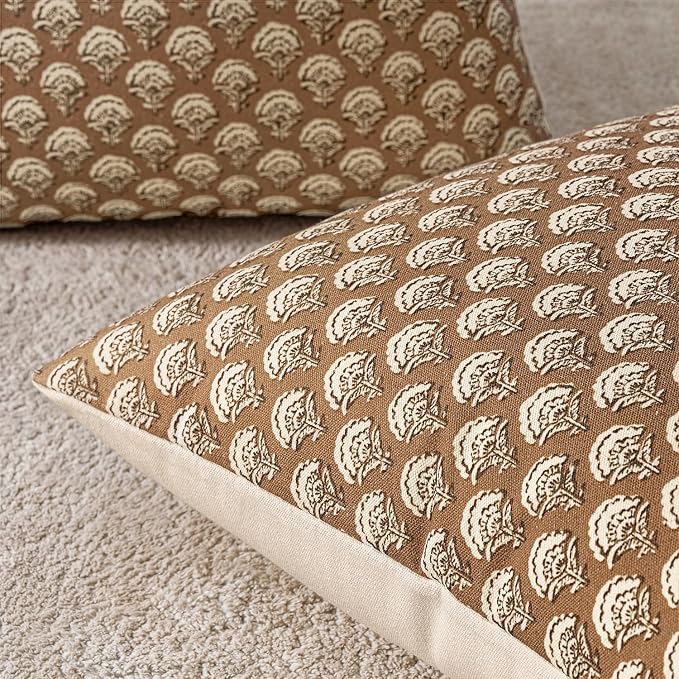 MIULEE Floral Print Decorative Euro Pillow Covers 22x22, Cognac | Vintage Boho Farmhouse Modern Home Decor, Set of 2, Block Print Cushion Covers for Couch Sofa Bed Living Room