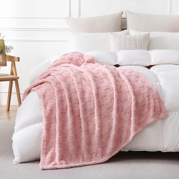 Light Pink Fleece Throw Blanket 50”×60”Checkered Design for Couch | Super Soft Cozy Plush Microfiber 3D Square Pattern Flannel Blanket for Sofa Bed Lightweight for Adults,Women