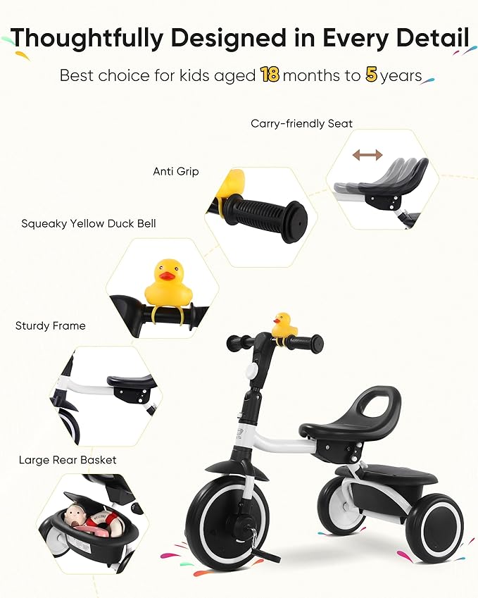 Toddler Tricycle for 18 Months to 5 Years, Foldable Tricycles for 1.5-5 Year Olds, Kids Tricycle with Adjustable Carry-Friendly Ergonomic Seat and Covered Large Basket, White