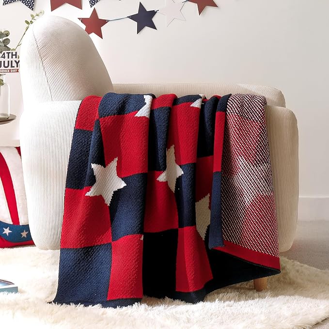 Patriotic Ultra Soft Knit Chenille Throw Blanket - Red White Blue Stars American Flag Pattern Cozy Blankets for Couch, 4th of July Memorial Independence Day Gifts, 50"x60", Red&Blue