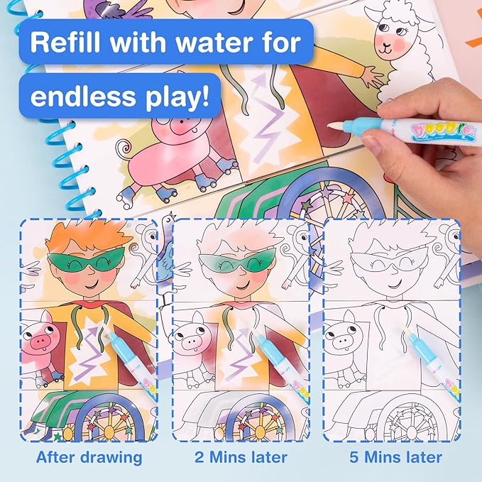 Avenir Reusable Water Coloring Book for Toddlers 3-5 Years, Road Trip & Airplane Mess-Free Portable Educational 4 in 1 Creative Set Water-Reveal Paint Activity Doodle Pad Kids Art Crafts