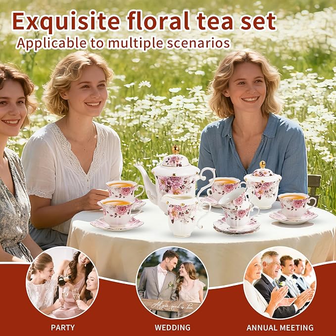 TATSUMI Country Roses Porcelain Tea Set, European Ceramic tea set for adults,Vintage Style, For Women and Tea Parties (Chocolate Red, 21 Pieces Set)