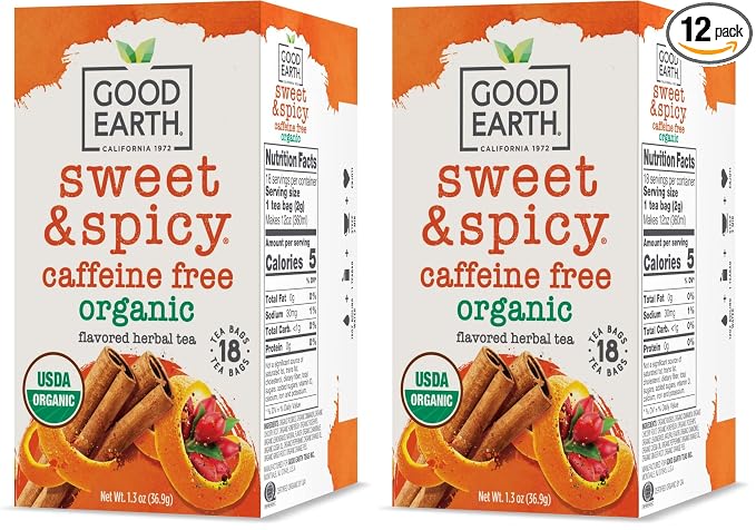 Good Earth Tea Sweet & Spicy Organic Caffeine Free Herbal Black Tea, 18 Teabags (Pack of 12)