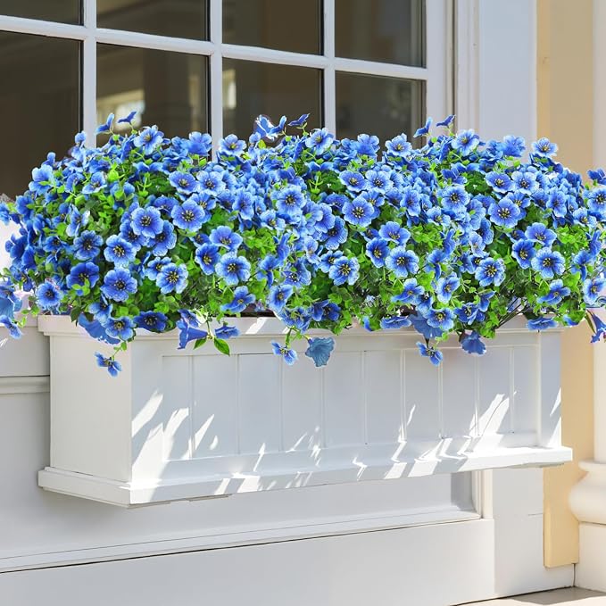 Ouddy Decor 12 Pcs Artificial Flowers for Outdoors Decorations, Blue | Lifelike silk flowers, UV resistant, faux plastic plants, for garden porch window table vase home indoor outdoor decor