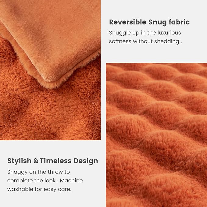 Cozy Bliss Faux Fur Throw Blanket for Couch, Fuzzy Soft Plush Thick Bubble Blanket for Sofa Bedroom Living Room, 60 * 80 Inches Burnt Orange