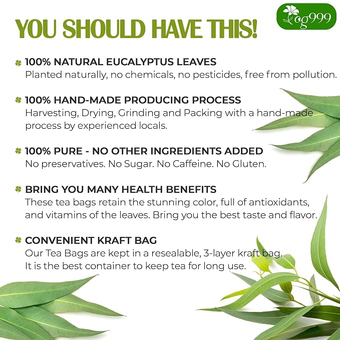 TOG999, Premium 100 Eucalyptus Leaf Tea Bags, 100% Natural & Pure Eucalyptus Leaves. Loose Leaf Eucalyptus Herbal Tea. Eucalyptus Leaf Tea. No Sugar, No Caffeine, No Gluten, Vegan.