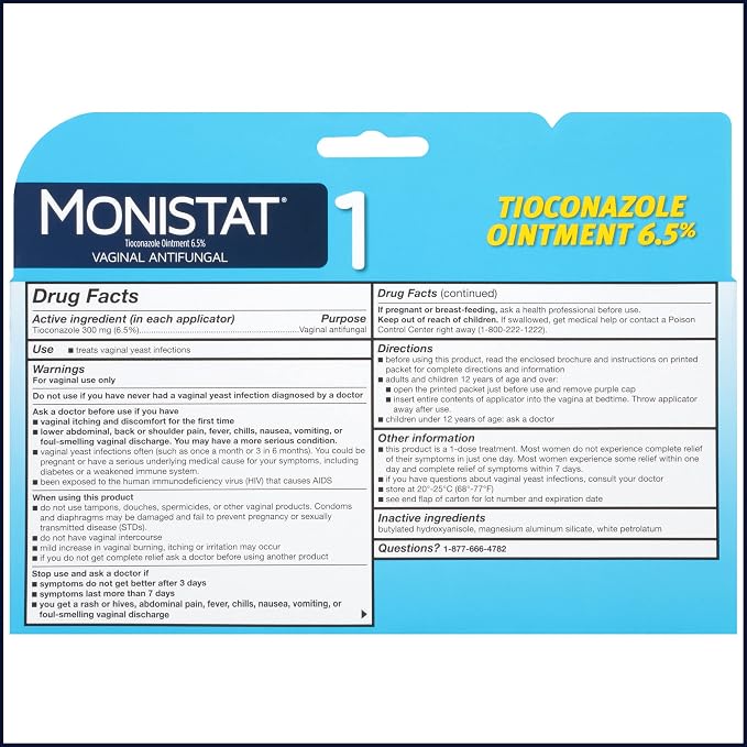 Monistat 1-Day Yeast Infection Treatment for Women, 1 Pre-Filled Tioconazole Cream Applicator, Fast-Acting Relief for Vaginal Itching