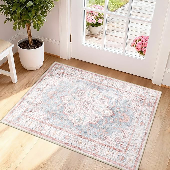 CAPALOCA 2x3 Washable Nursery Girls Low Pile Area Rug Pink Blue | Non-Slip Soft Rugs for Bedroom Kids Playroom Living Room, Print Pattern Water Repellent Carpet Indoor Decor