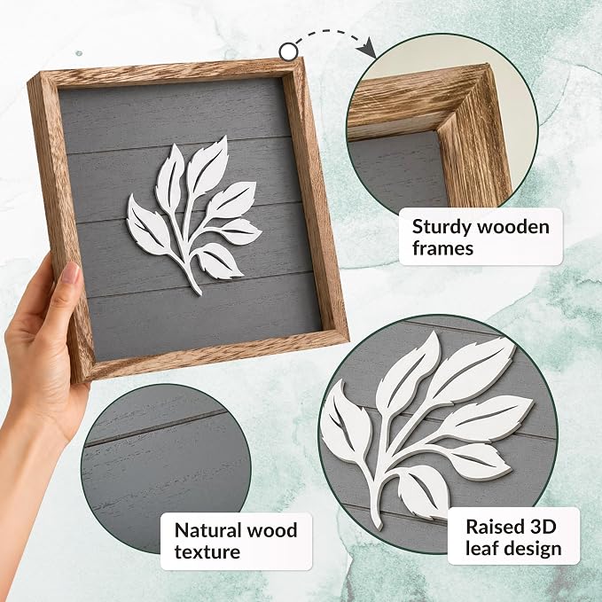 Tide and Tales Leaves of Meaning 3D Botanical Wall Art (Set of 4) Framed Boho Wall Art for Living Room, Bedroom & Bathroom, House Warming Gifts for New Home, Leaf Farmhouse Home Decor 10"x10"