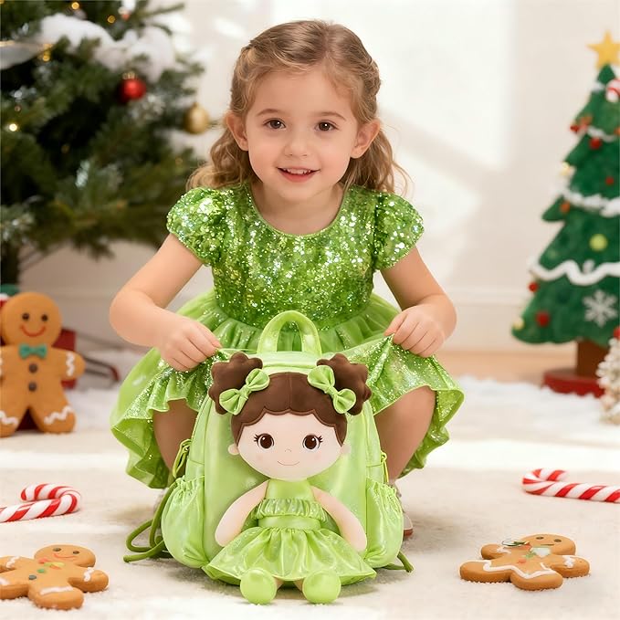 Lazada Toddler Backpack - Baby Girl Gifts Curly Fingerprints Plush Doll Dress Backpack - Fashion Girls Curly Rolled Fingerprints Series - Fluorescent Green 11 Inches