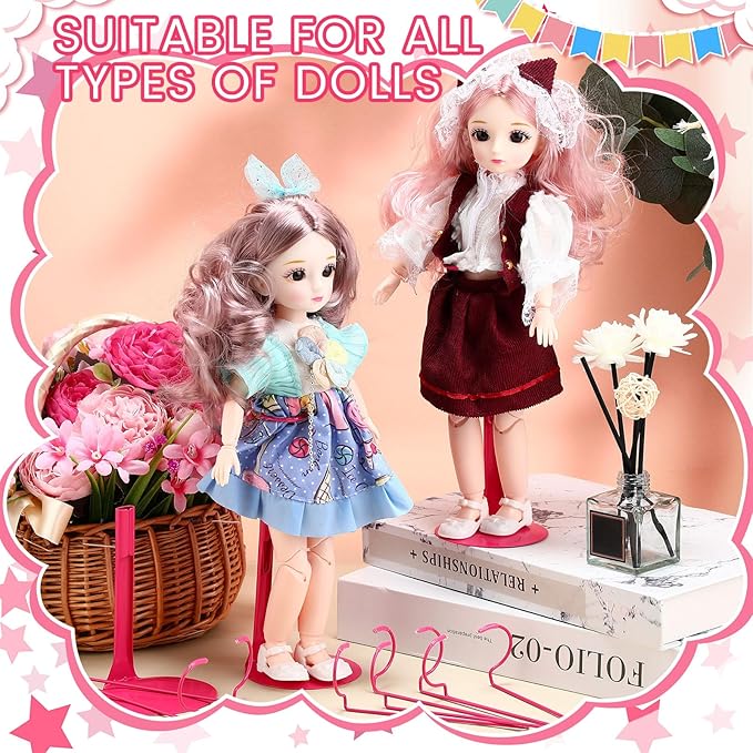 12 Pcs Doll Stand Action Figure Stands with Expandable Waist Wire for 8" to 12" Dolls and Action Figure (Rose Red)
