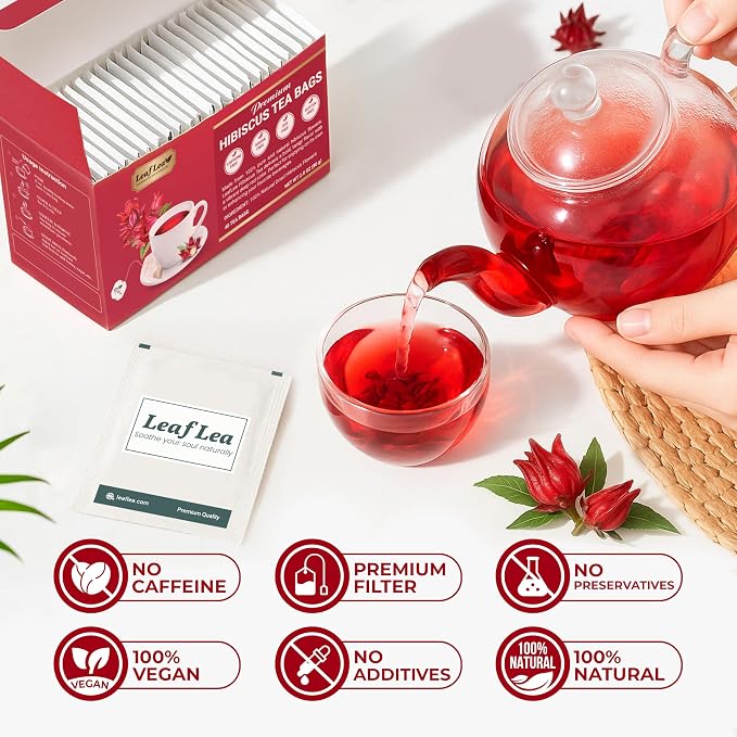 LeafLea 120 Hibiscus Tea Bags, Rich Flavor & Color, 120 Count | 100% Pure Natural Red Hibiscus Flower, Te De Hibisco, Caffeine-Free, Sugar-Free, Vegan, Non-GMO, Convenient 3 Pack