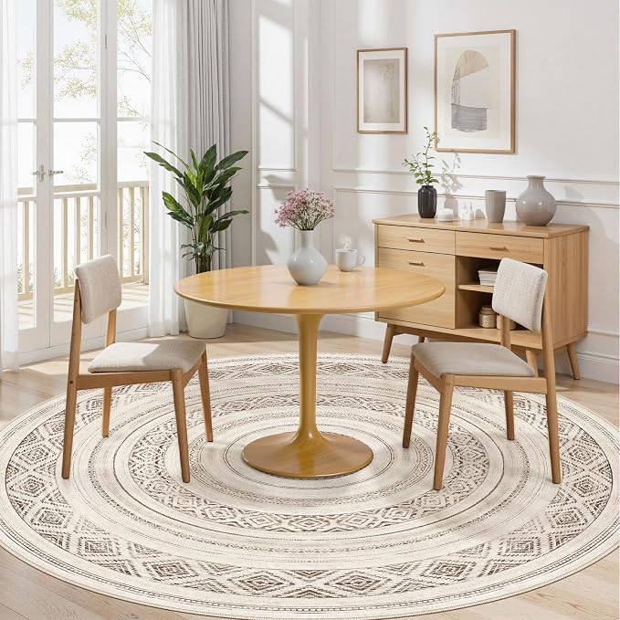cotiled 8x8 Round Area Rugs Living Room Rug: Washable Boho Rugs with Non Slip Backing Large Soft Indoor Stain Resistant Carpet for Bedroom Farmhouse Dining Room Lightweight Home Decor Dark Brown