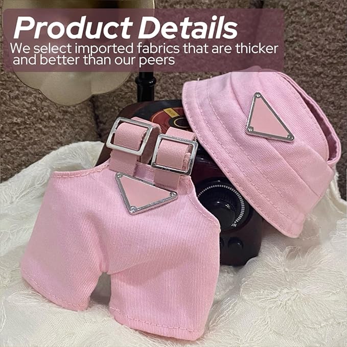 Clothes for 17cm Dolls(NO Doll)，Premium Handmade Clothes，Adjustable Kawaii Outfits for Clothes Set，Dolls Keychain Accessories，Bucket Hat+Overalls (Pink)