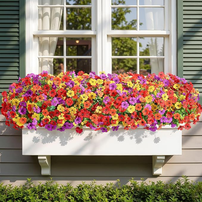 Alupssuc 24 Bundles Artificial Daisy Flowers UV Resistant for Outdoor Decor | Silk & Plastic, Spring Faux Plants Greenery, Bendable Stems, for Porch Patio Hanging Window Planter Yard Outside, 4 Colors