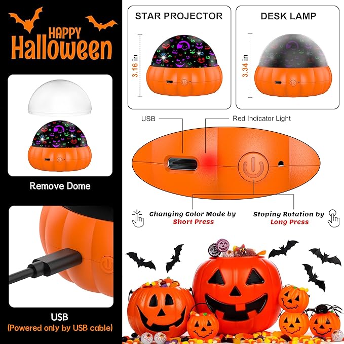 Halloween Pumpkin Night Light Projector for Kids, Star Projector Night Lights with Jack O'Lantern Faces - Starry Theme, 15 Color Changing and 360 Degree Rotation, Halloween Decor and Gift
