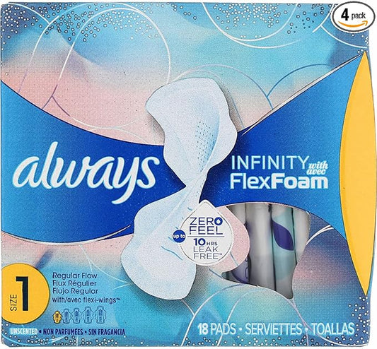 Always Infinity Pads, Size 1, Regular, 18 Count - Pack of 4 (72 Count Total)
