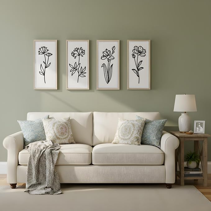 White Floral Bathroom Wall Decor Set of 4, Wood-Framed 3D Gallery Wall Art | Raised floral cutouts in rectangular frames, ready to hang; neutral boho farmhouse gallery decor for bedrooms and hallways