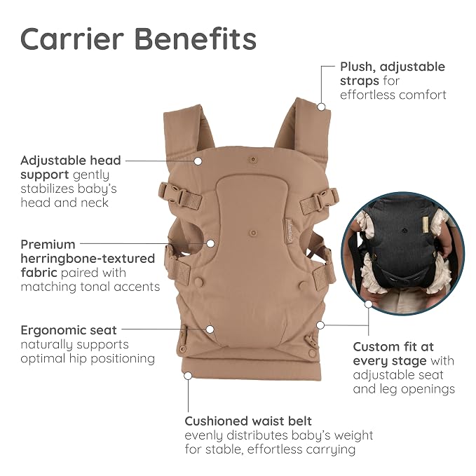 Infantino Flip Luxe 4-in-1 Convertible Baby Carrier, Ergonomic Infant to Toddler Carrier, Updated Lumbar Support, Premium Herringbone Fabric, Elevated Accents, Hands-Free Comfort, 7–35 lbs, Affogato