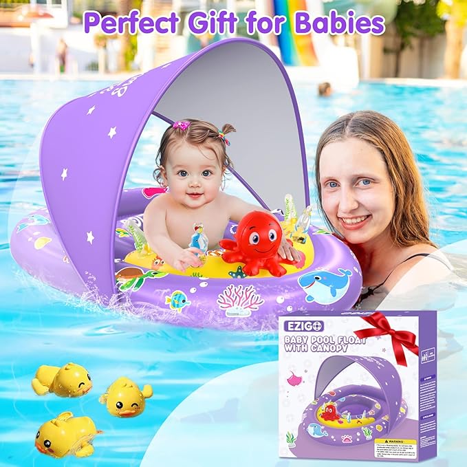 EZIGO Baby Pool Float with Canopy UPF 50+ Sun Protection, Double Air Chambers Infants Swimming Floats with Sound Toys Adjustable Safety Seat Toddler Float for Boys and Girls 6-36 Months