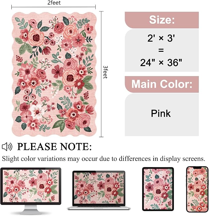 DUKINO 2x3 Rugs for Entryway, Floral Door Mat Washable Kitchen Rugs, Pink | Non Slip, Low Pile, Soft Small Rugs for Entrance, Bedroom, Bathroom, Laundry, Pet Friendly, Non-Shedding, Modern Home Decor