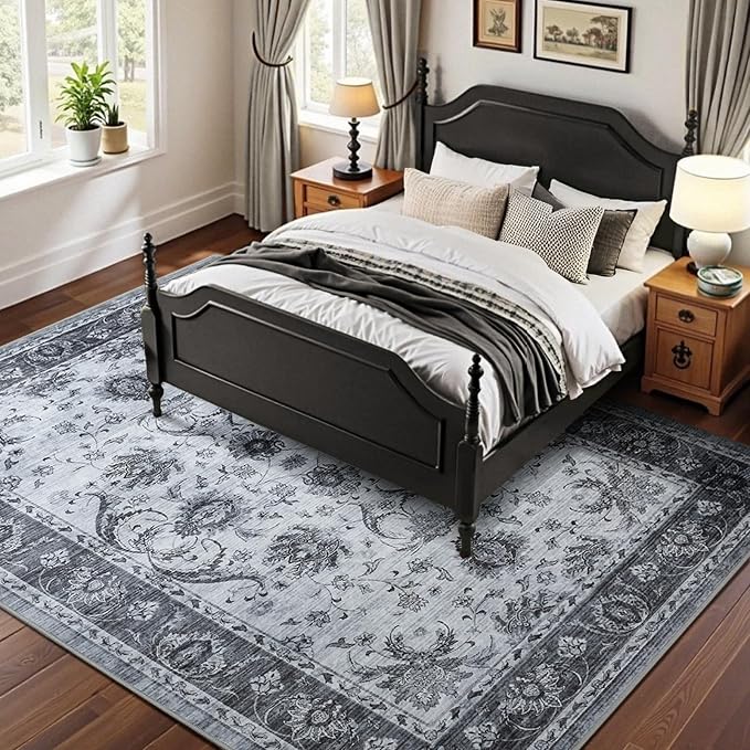 5x7 Ft Machine Washable Area Rugs for Bedroom, Thin Vintage Floral Print Rug Non Slip Carpet for Living Room, Dining Room, Office Home Decor (Grey)