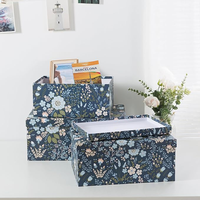 Soul & Lane - Nightfall Bloom Decorative Storage Boxes with Lids, Set of 3 | Large Nesting Cardboard Keepsake Boxes for Photos and Memories, Floral Photo Storage Containers for Home Decor