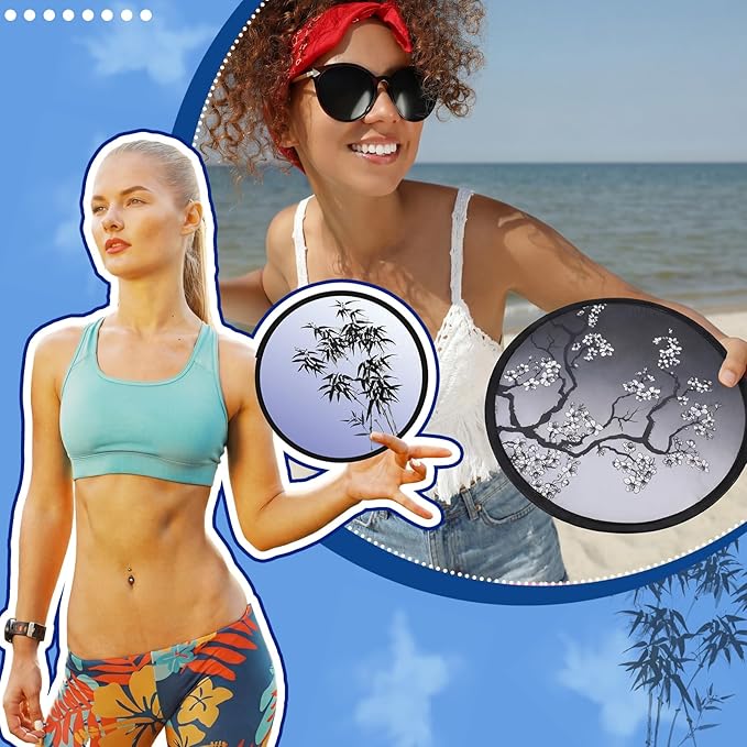 Gejoy 24 Pieces Chinese Style Flowers Foldable Flying Disc Fans Handheld Compact Cooling Multi Role Round Fans for Outdoor Games for Women Man Party Favors Decorations Portable, 8 Style