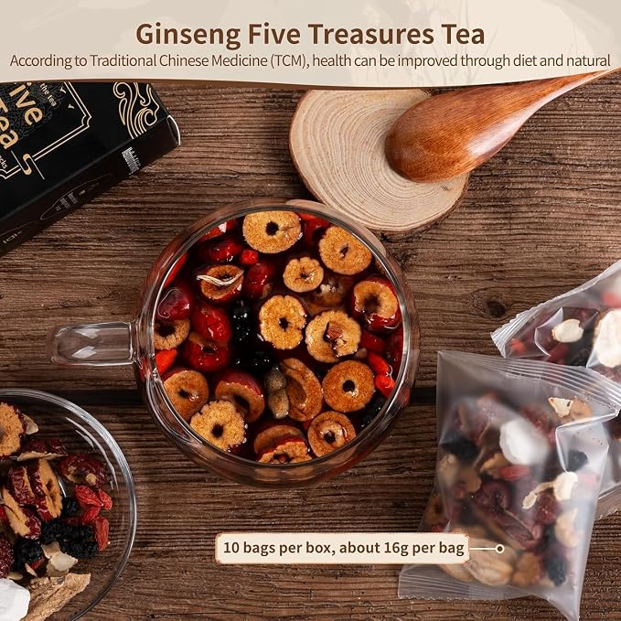Ginseng Five Treasures Kidney Tea, Traditional Chinese Herbal TeaBags, Natural Kidney Cleanse Detox Tea for Women & Men, 7 Precious Ingredients Formula (3 Pack/75 Bags)