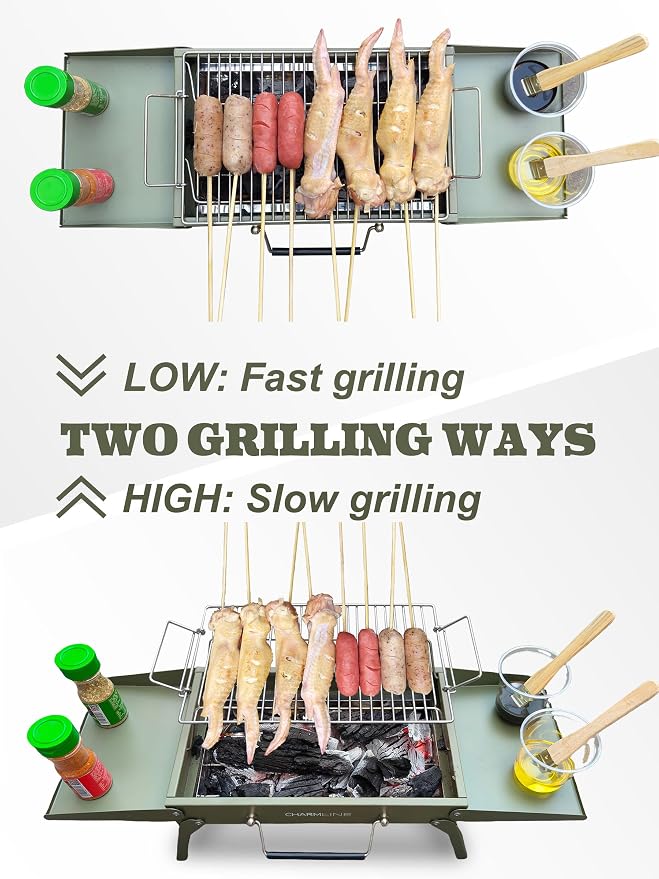 Charmline 14 x 9 inches Small Portable Charcoal BBQ Grill, Foldable Compact Camping Barbecue for 1–3 People, Ideal for Garden, Beach, Picnic & Tabletop Use, Green