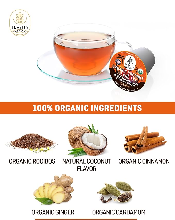 Coconut Island Teavity Keurig-Compatible Pods – Organic Rooibos Blend with Ginger, Cinnamon, Cardamom & Coconut (24 Count)