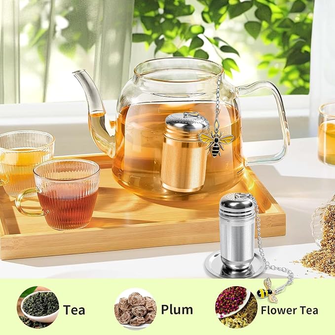 2 Pack Tea Strainers for Loose Tea with 2 Drip Trays & Bee Charms, Extra Fine Mesh Tea Infuser, 304 Stainless Steel Tea Steeper, for Brew Tea, Spices & Seasonings