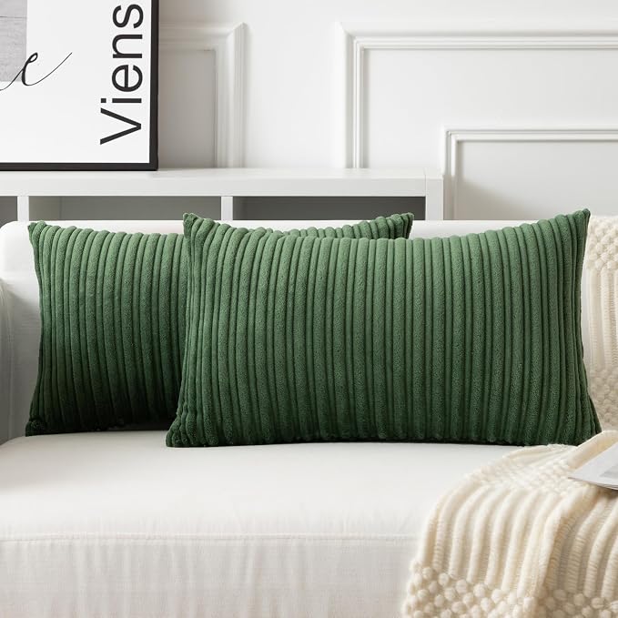 UGASA Velvet 12x20 Inch Lumbar Soft Throw Pillow Cover Boho Farmhouse Decorative Corduroy Striped Both Sides Solid Rectangular Cushion Case for Couch Bedroom Sofa Home, 1 Piece, Moss Green