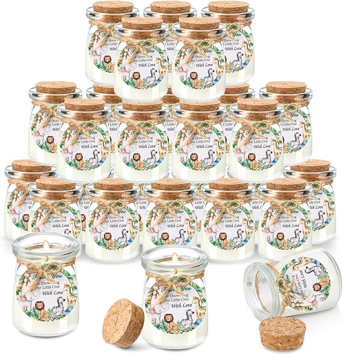 Threlaco 20 Pcs Jungle Animals Baby Shower Favors Party Candle Lavender Scented Glass Mason Jar Wax Candle Bulk for Guests Girl Boy Gender Reveal Party Gifts(Green)