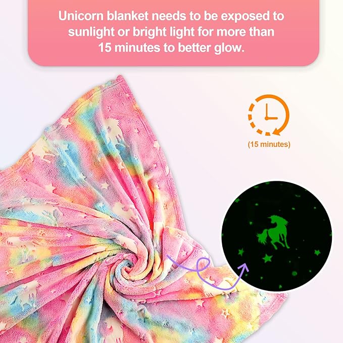 Unicorn Glow in The Dark Blanket for Girls/Kids, Soft Fleece Blanket Throw 50"x60" for Toddlers to Tweens