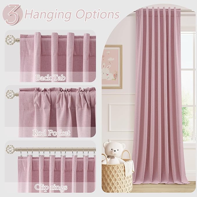 Guken Rose 100% Blackout Linen Curtains 96 Inch Length 2 Panels Set for Living Room Bedroom Back Tab/Rod Pocket Thermal Insulated Farmhouse Farmhouse Black Out Drapes Room Darkening,52x96