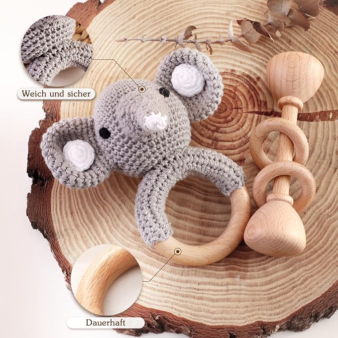 Wooden Baby Rattle Crochet Elephant and Wooden Rattle Baby Toys Set 2pcs Handmade Newborn Toy Early Development Grips Stuffed Animal Organic Rattle (Elephant Set)