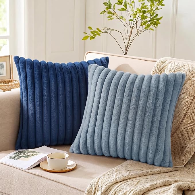 Pack of 2 Throw Pillow Covers 20x20 Decorative Solid Plush Faux Fur with Soft Velvet Back, Square Striped Cushion Cases Modern Farmhouse Home Decor for Living Room Couch Sofa Bed Serene Blue
