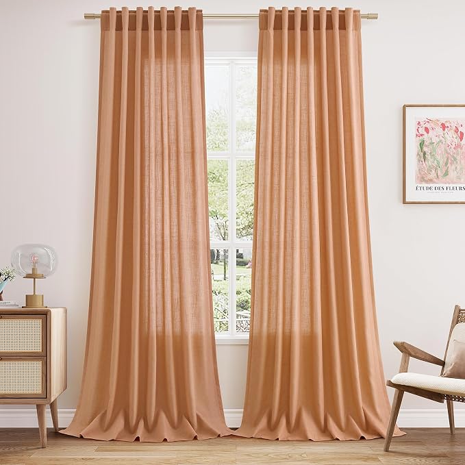 Nanspring Peach Quartz Curtains 90 Inches Long 2 Panel Set Back Tab Rod Pocket Linen Blend Bohemian Semi Sheer Light Filtering Neutral Decor for Relaxing Bedroom and Charming Living Room 52x90